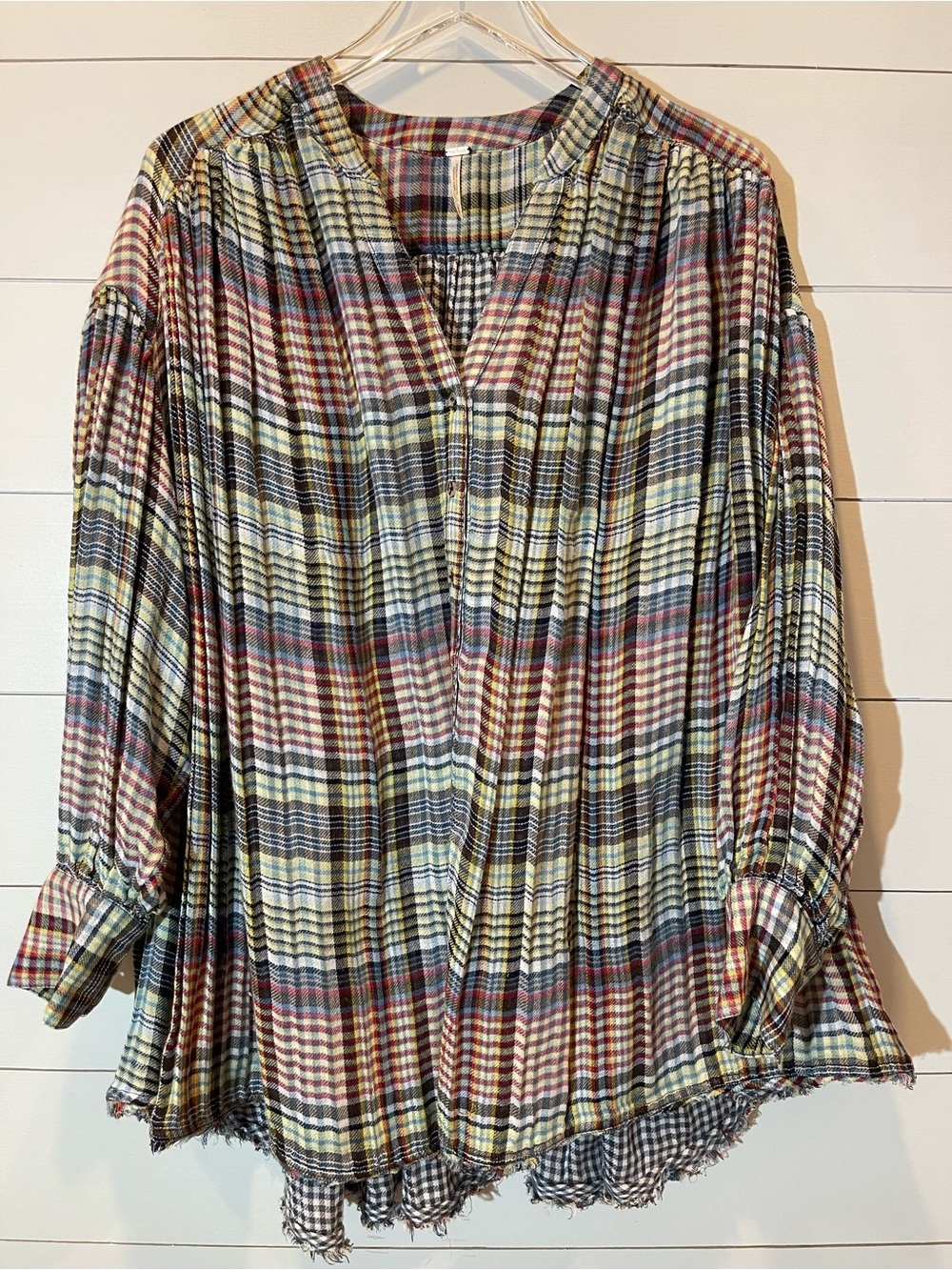 Free People Come On Over Plaid Pleated Oversized Raw Hem Women’s Top Size Small
